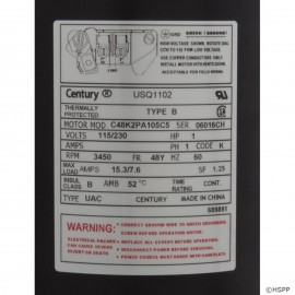 21st Century A. O. Smith Motor, Century, 1.0hp, 115v/230v, 1-Speed, 48Y Frame