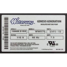 Waterway Plastics Genesis Bath Pump Complete 7.5A 321HF10-0150 Waterway Plastics Genesis Bath Pump Complete 7.5A 321HF10-0150