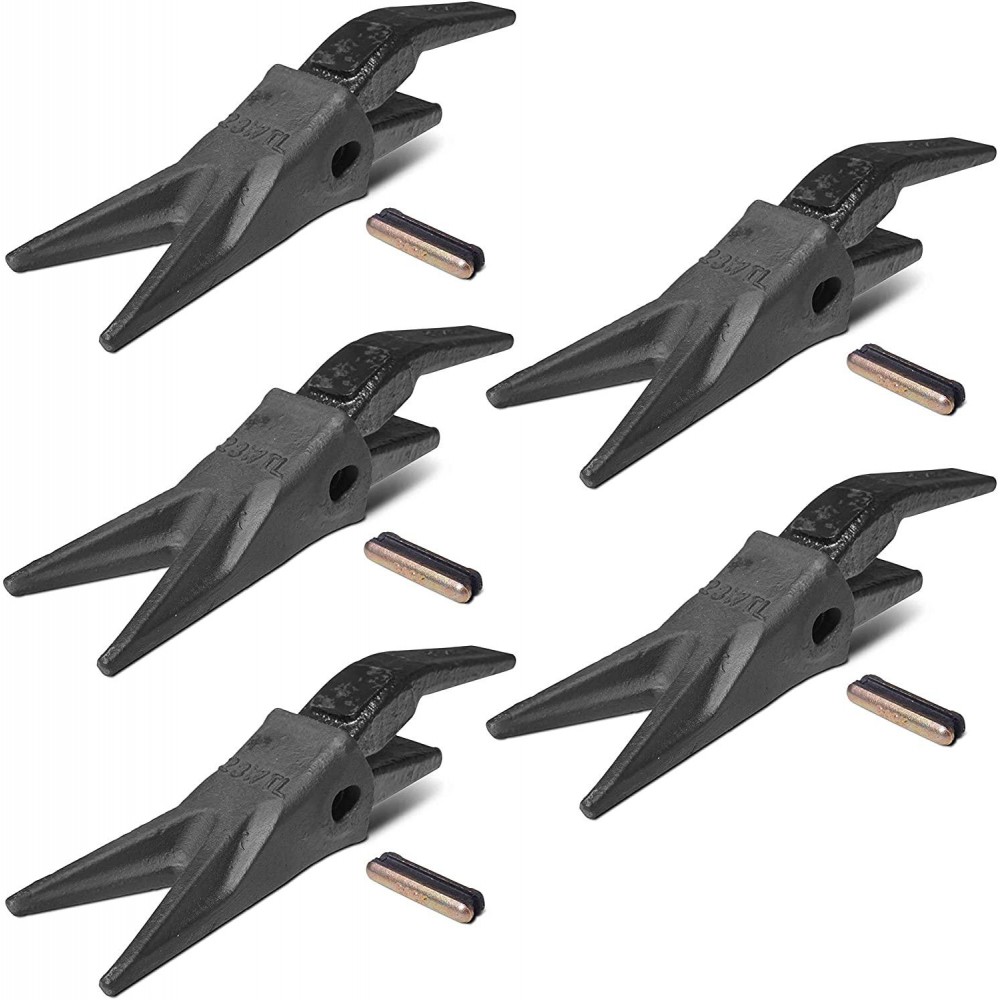 Titan Attachments Set of (5) 23WTL Twin Tiger Tooth Bucket Assembly w/Shank & T23 Flex Pin Titan Attachments Set of (5) 23WTL Twin Tiger Tooth Bucket Assembly w/Shank & T23 Flex Pin
